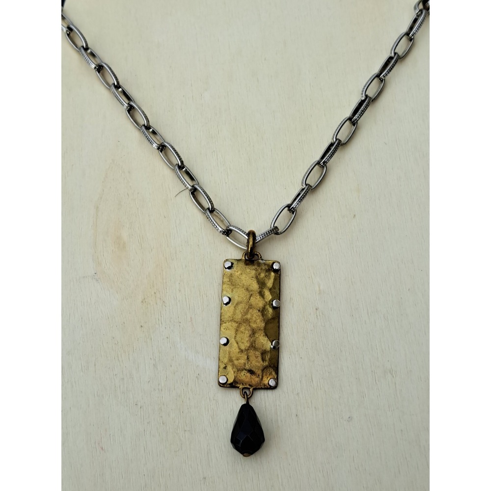 Artisan Mixed Metal Hammered Brass Pendant Necklace Black Stone Teardrop SB